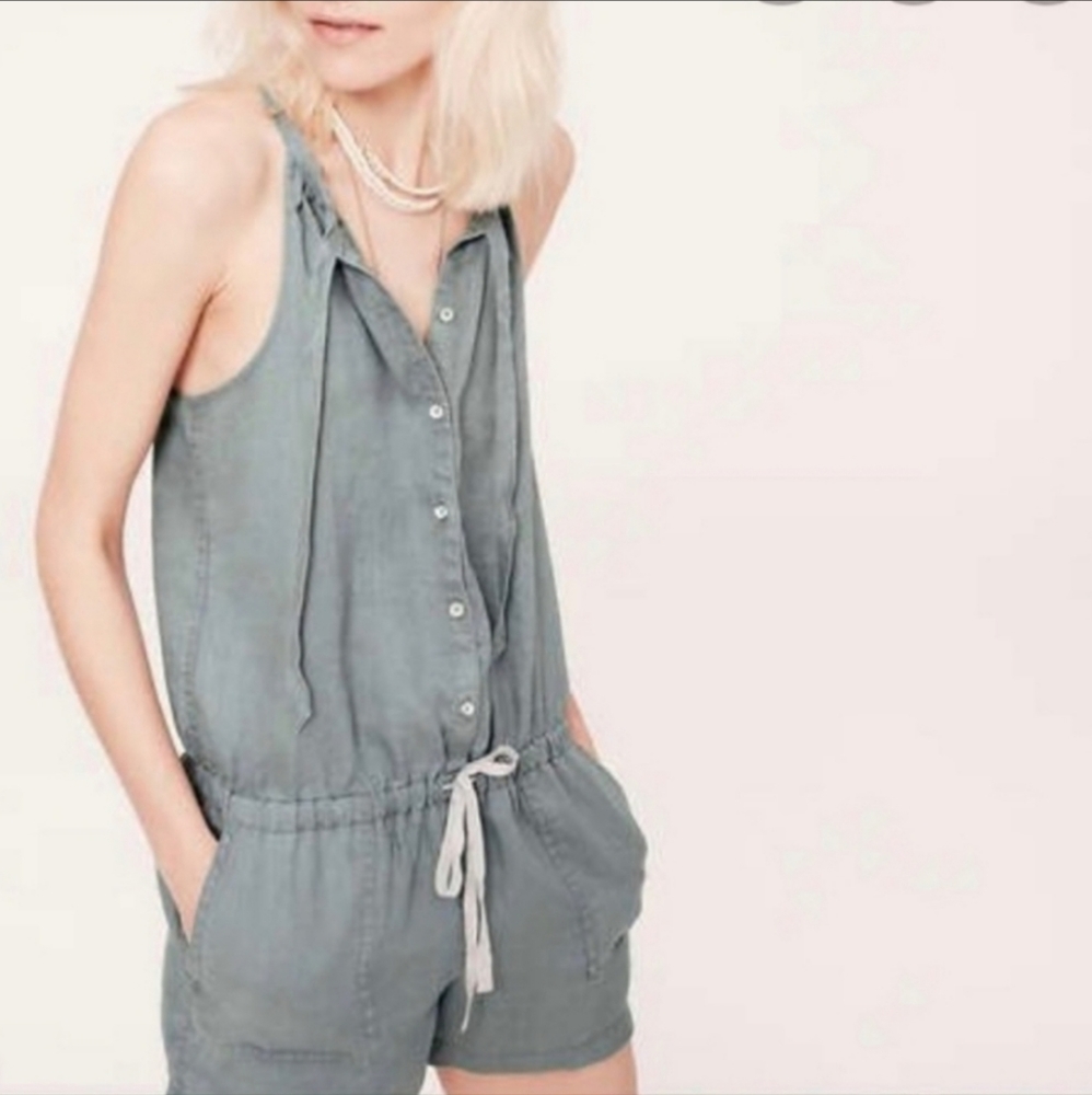Lou & Grey Drawstring Linen Button Down Romper Overalls Size L